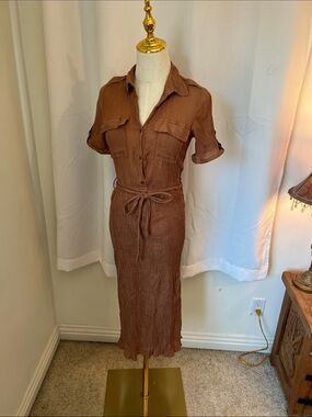 Blush Brown Midi Shirt Dress with Tie Waist